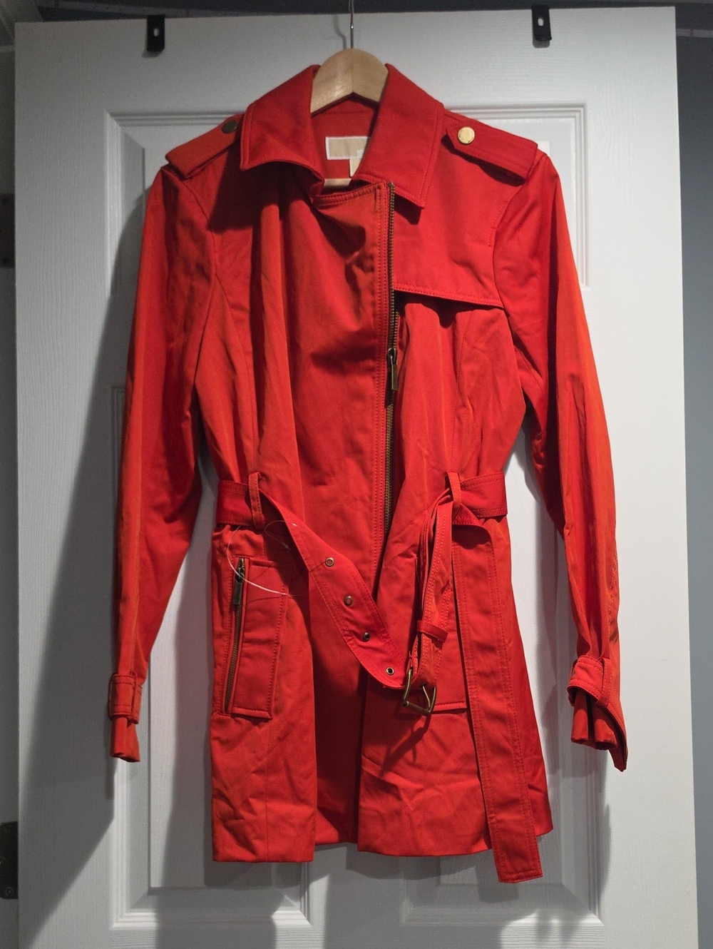 Michael Kors Vibrant Red/Orange Belted Trench Coat with Zip Accents